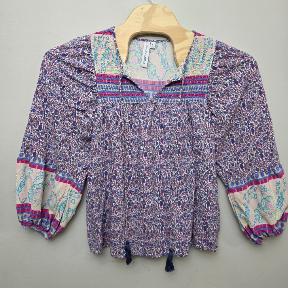 Grace + Karma Blouse Womens Large Blue Floral Boho Tassel Peasant Top